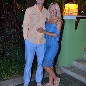 Powder blue lace off the shoulder midi dress